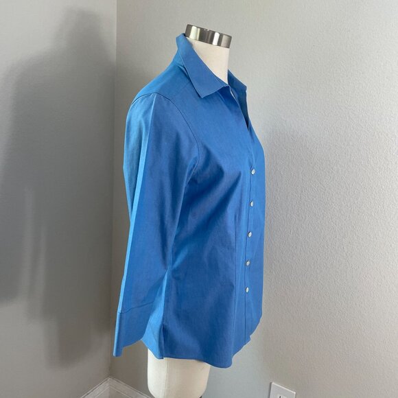 Foxcroft Womens 8 Blue Non Iron Fitted Button Up Shirt 3/4 Sleeve Blouse - Picture 3 of 10
